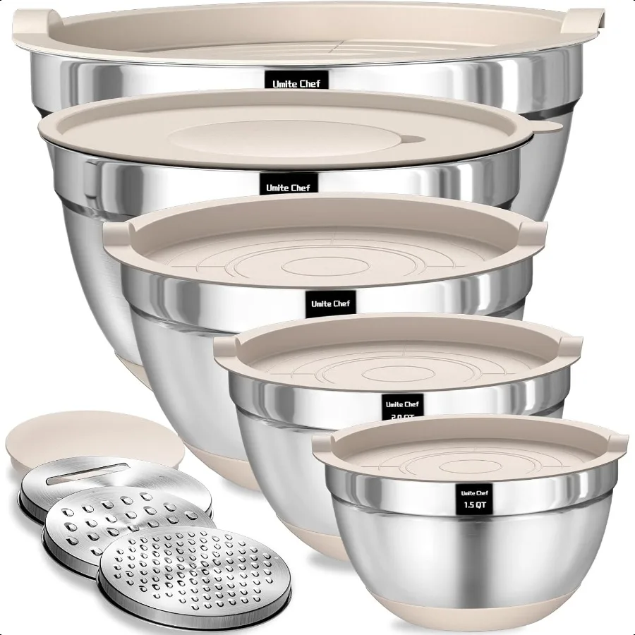 

Mixing Bowls with Airtight Lids Set 8PCS Stainl Steel Khaki Nesting Bowls with Grater Attachments Kitchen Bowls with NonSlip Bo