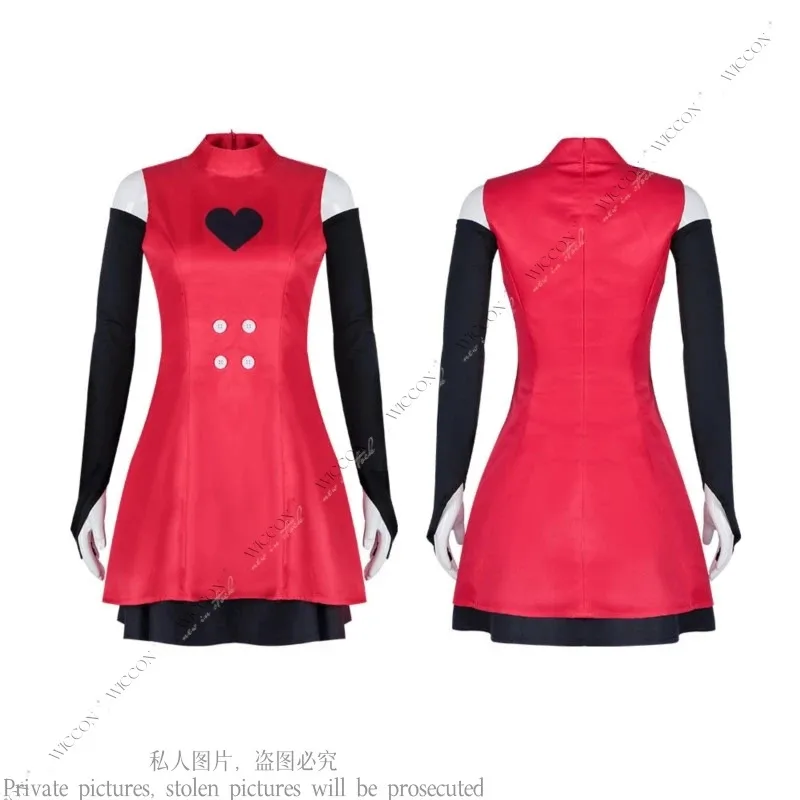 

qq023Anime Hazzbin for Game Fans Hotel Charlie Cosplay Halloween Costume Adult Kids Red Dress Wig Horn Tail Sexy Sleeveless Skir