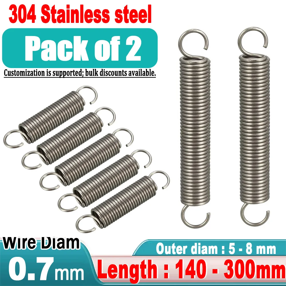 0.7mm 304 Stainless Steel S-hook Spiral Coil Tension Spring, Outer Diameter: 5/6/7/8mm, Length: 140-300mm, Customizable