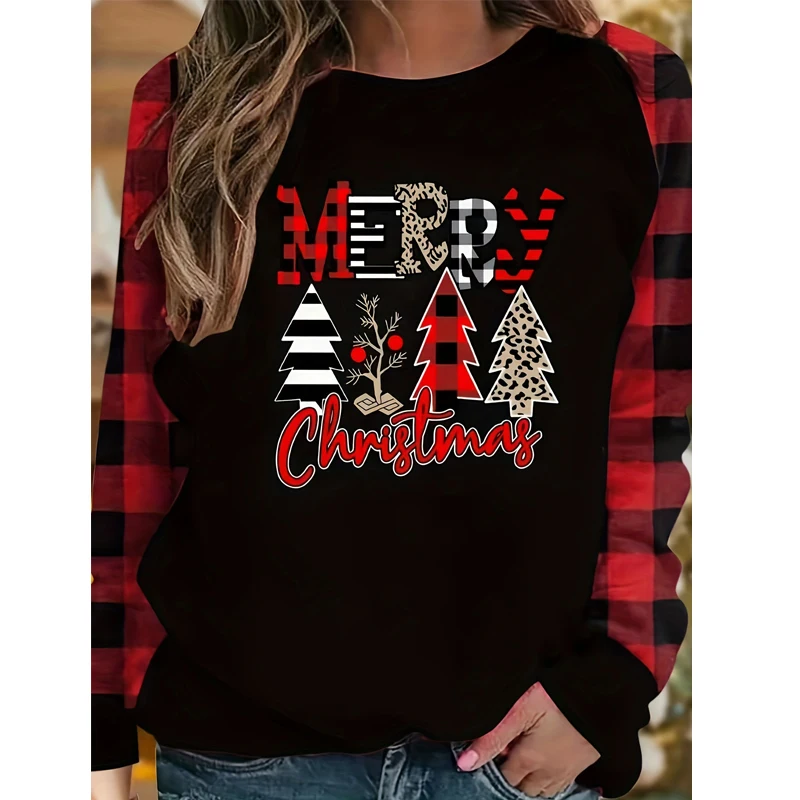 Plus Size Women Christmas Print Raglan Top Long Sleeve Stretch Casual Ladies Blouse