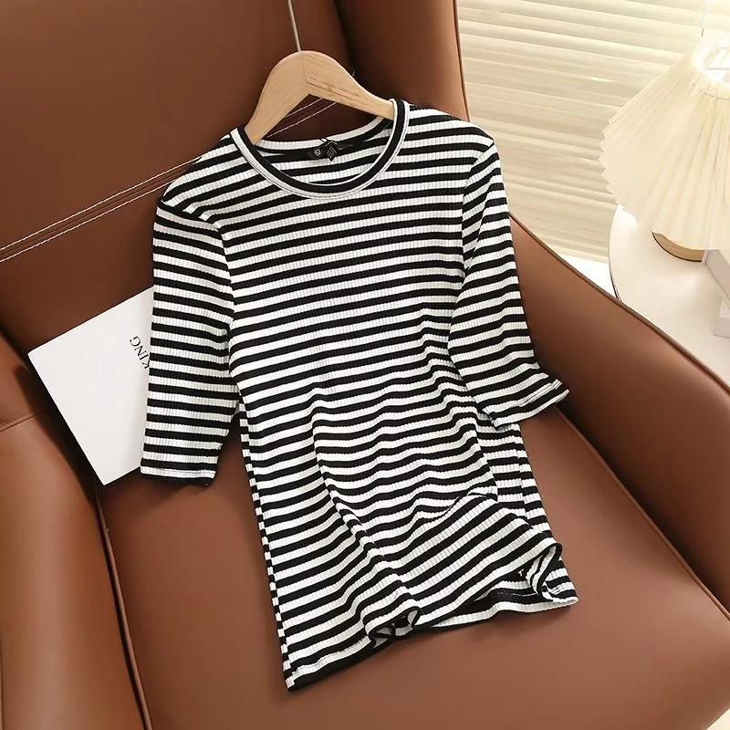 

Jenny&Dave 2023 Summer Round Neck Tshirts Fashion Striped Casual Rib Knitted 3/4 Sleeve Top Women T-shirt