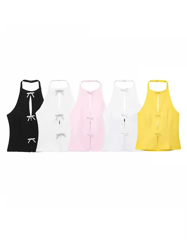 

HH 2025 Women's New Fashion Vest Tops Sleeveless Bow-trimmed Tops Elegant O Neck Halterneck Solid Color Summer Chic Vest