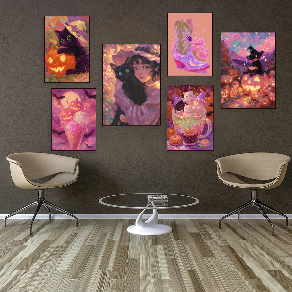 Halloween cowboy boots, pumpkin and candy, witch girl and black cat, ghost print, witch's magic gift, pink Halloween poster