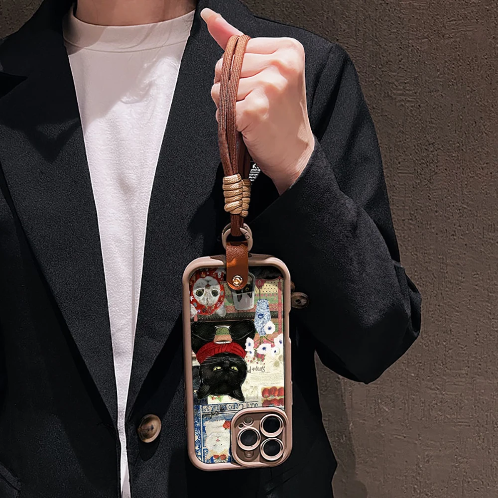 Modische Katzen-Collage-Silikon-Handyhülle für iPhone 16 17 Pro 15 14 13 12 11 Pro Max 16E 7 8 Plus XR XS mit Lanyard-Hülle – Detail 5