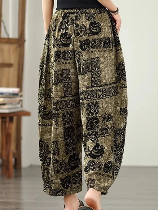 

Womens plus size casual loose pants retro printed straight leg pants comfortable wide tight pants autumn pants