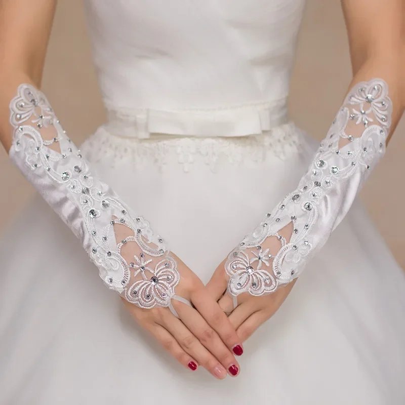 Guantes de novia sin dedos con cuentas de encaje satinado hasta Eblow para fiesta de boda