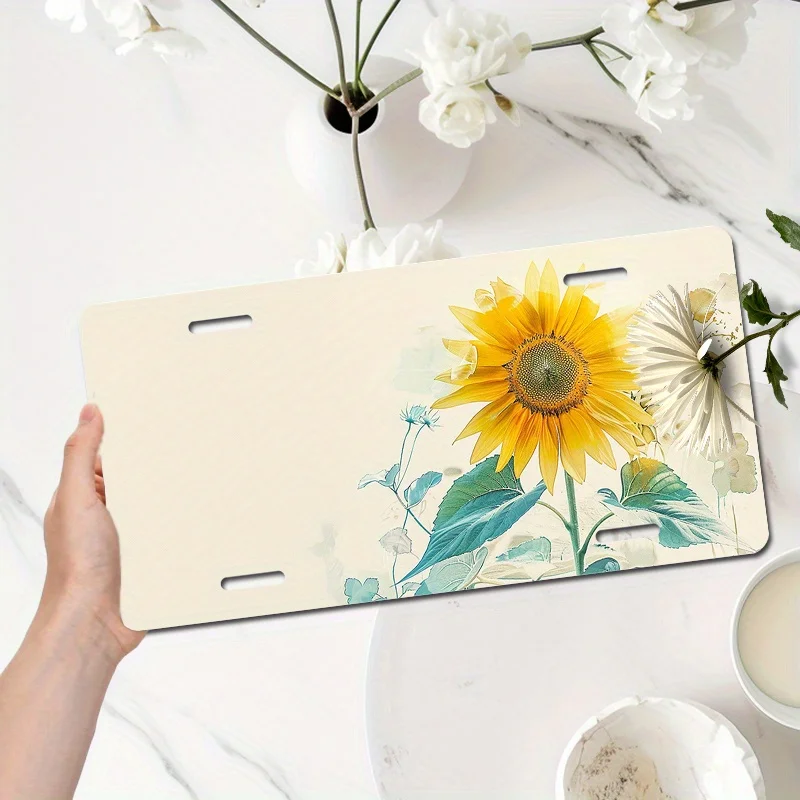 2D Flat, 1pc 2D FLAT 6x12 Inch (15.2x30.5cm) Car License Plate with Yellow Sunflower Design and Light Blue Leaf Accents, 2pcs Se