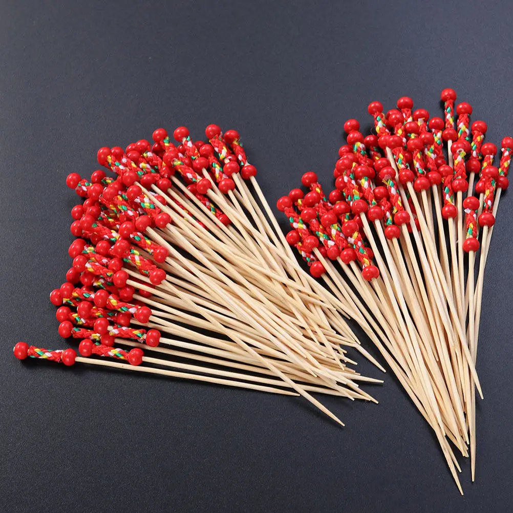 

200 шт. бамбуковых шпажек для фруктов с красными бусинами, элегантные коктейльные палочки для KTV, баров, клубов, вечеринок, украшения тортов, сервировки закусок