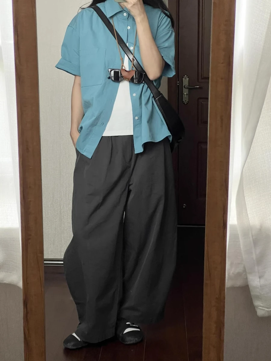 

Loose Blue Short Sleeve Women's Shirt Summer Design Korean Style Vintage Outerwear Casual Commute Style UV Protection