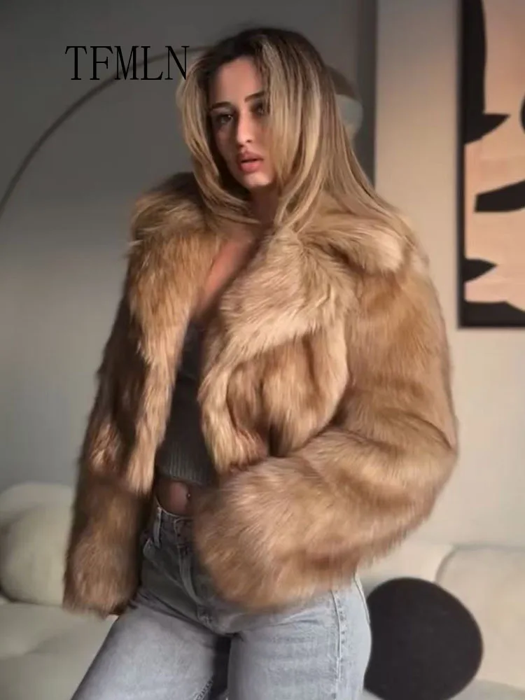 TFMLN 2025, Herbst Winter Frauen Faux Pelz Abgeschnitten Jacken Luxus Drehen Unten Kragen Dicke Kausalen Mäntel Mode High Street Outwear