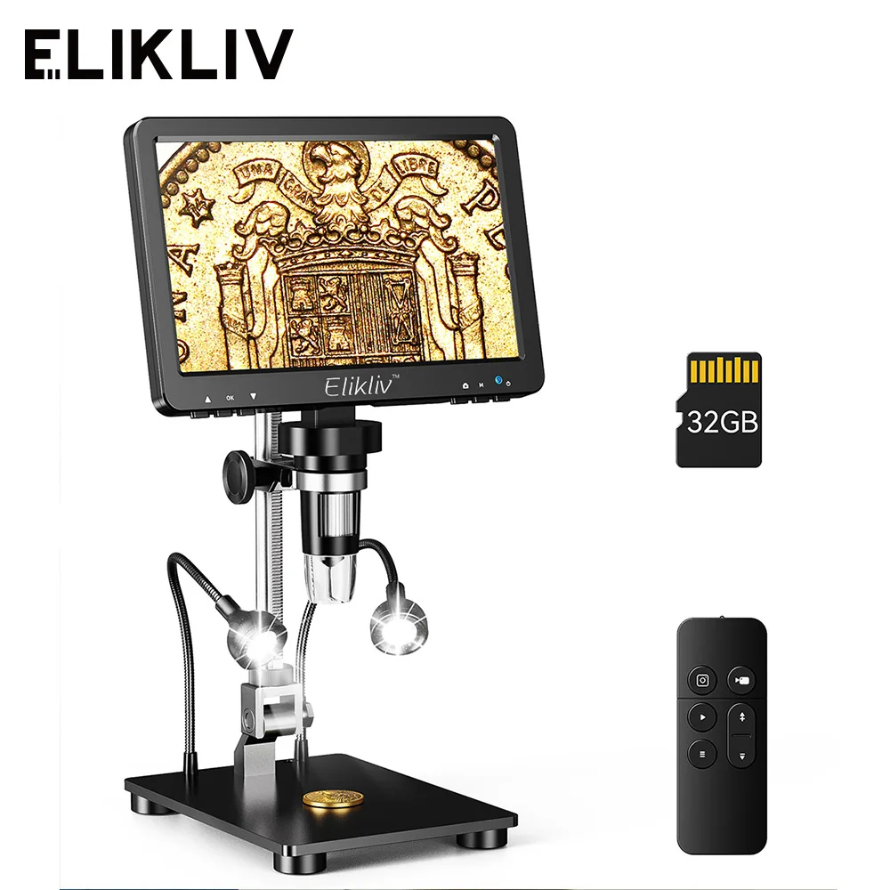 Elikliv EDM9 Pro 1200X HDMI Digital Microscope with 7'' IPS Screen 16MP Coin Soldering Electronic Microscope 32G for Windows Mac