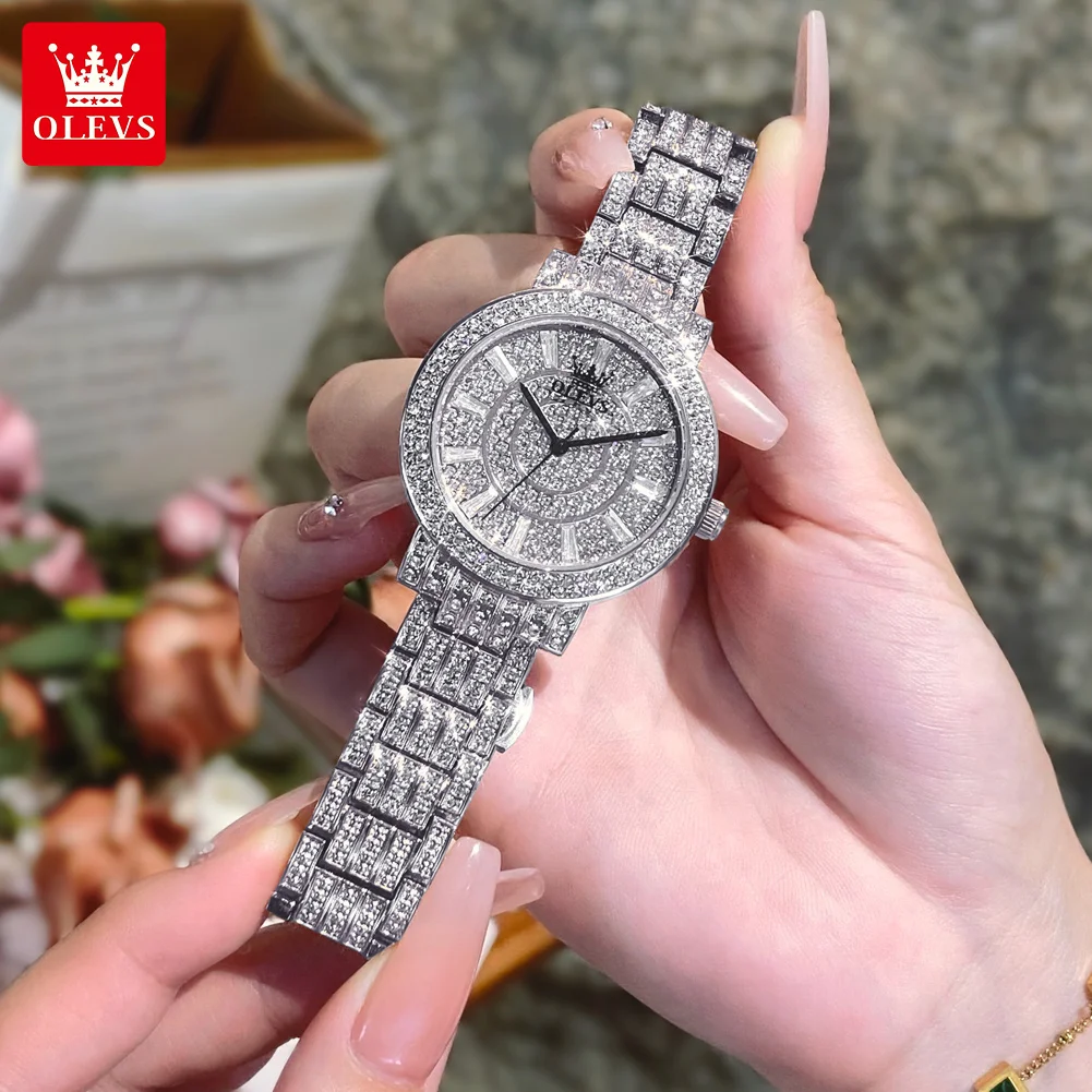 OLEVS Relógio Completo de Diamante para Mulheres, Aço Inoxidável, Relógio de Pulso Feminino, Luxo, Elegante, Original, Quartzo, Relógios Femininos, 9904