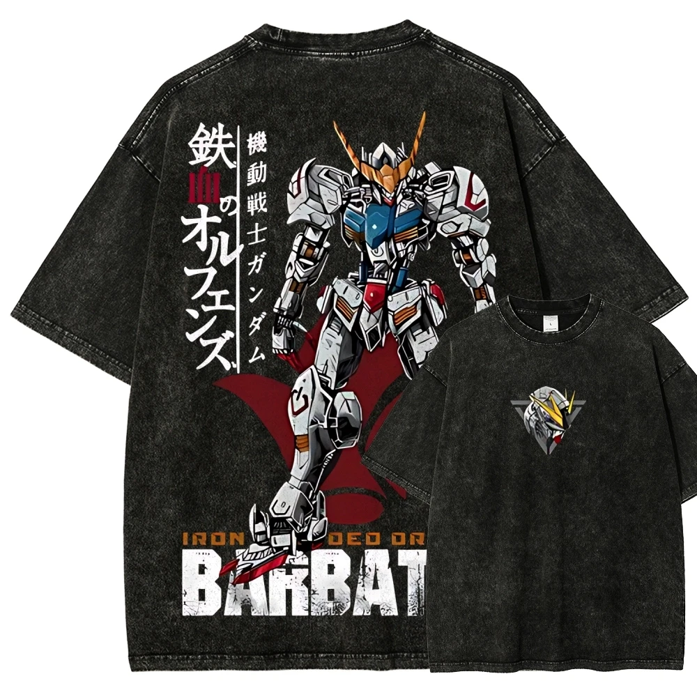 Gundam Barbatos T-Shirt Herren IBO Vintage Acid Wash Mecha Streetwear Übergroße Retro Iron Blooded Orphans Japanische Grafik-T-Shirts