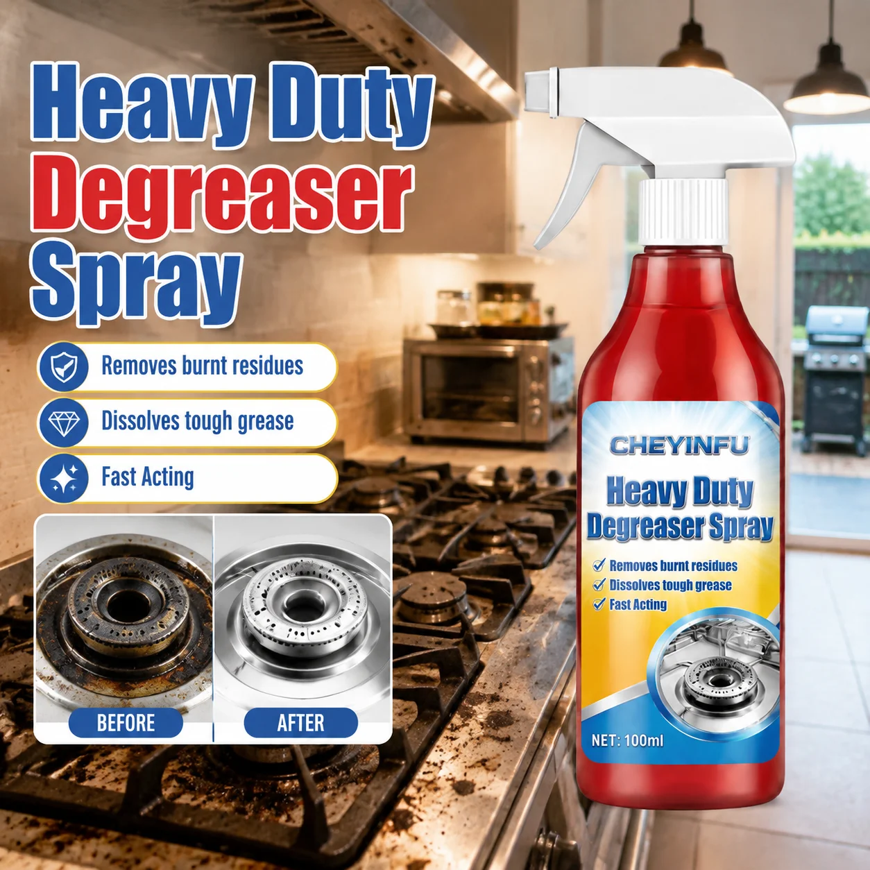 CHEYINFU Kitchen Heavy Duty Degreaser Spray Fast Acting Burnt-On Residue Remover 100ml