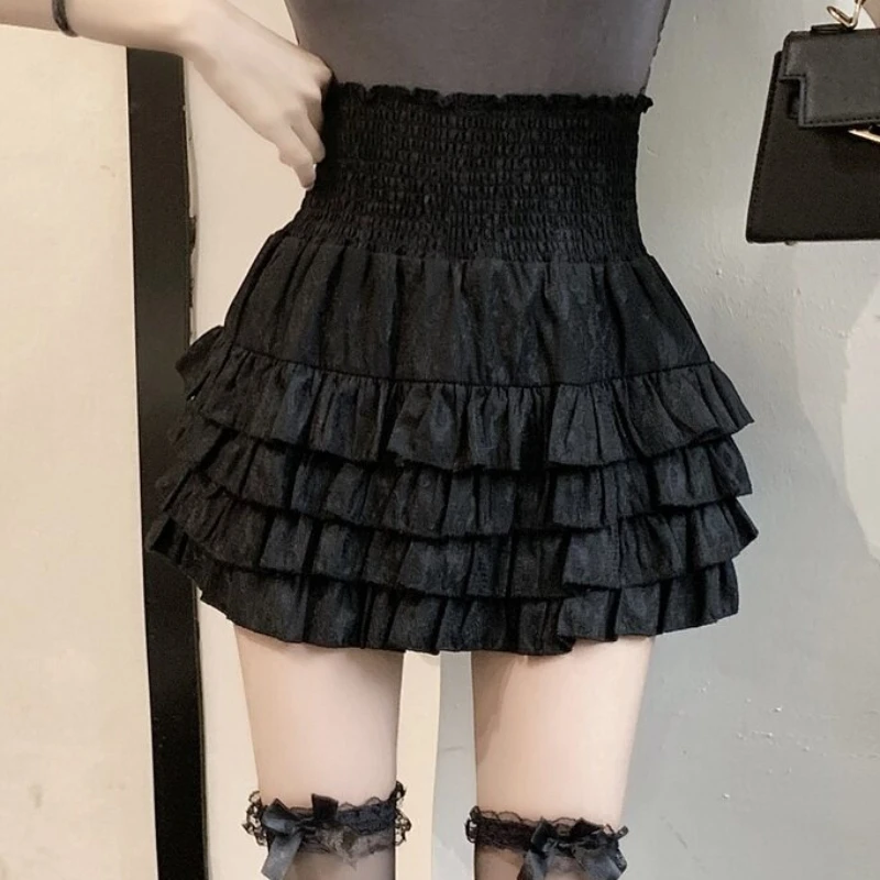 Ruffles Mini Skirts Women Sweet Gothic High Waist Lace A Line Skirt Summer Black Ball Gown Skirts Kawaii Lolita