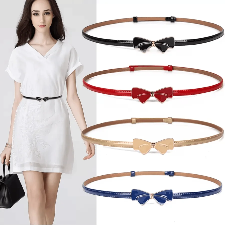 Versatile Women\'s Thin Waistband Cowhide Decorative Belt Bow Buckle Matched With Skirt Shirt Waist Chain Belt