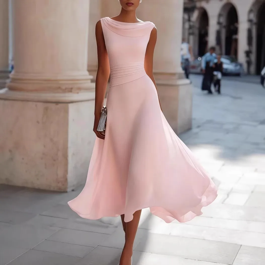 Elegant Cowl Neck Sleeveless A-Line Midi Dress Solid Color Fitted Waist for Wedding Guest Summer Party Prom Wedding Party