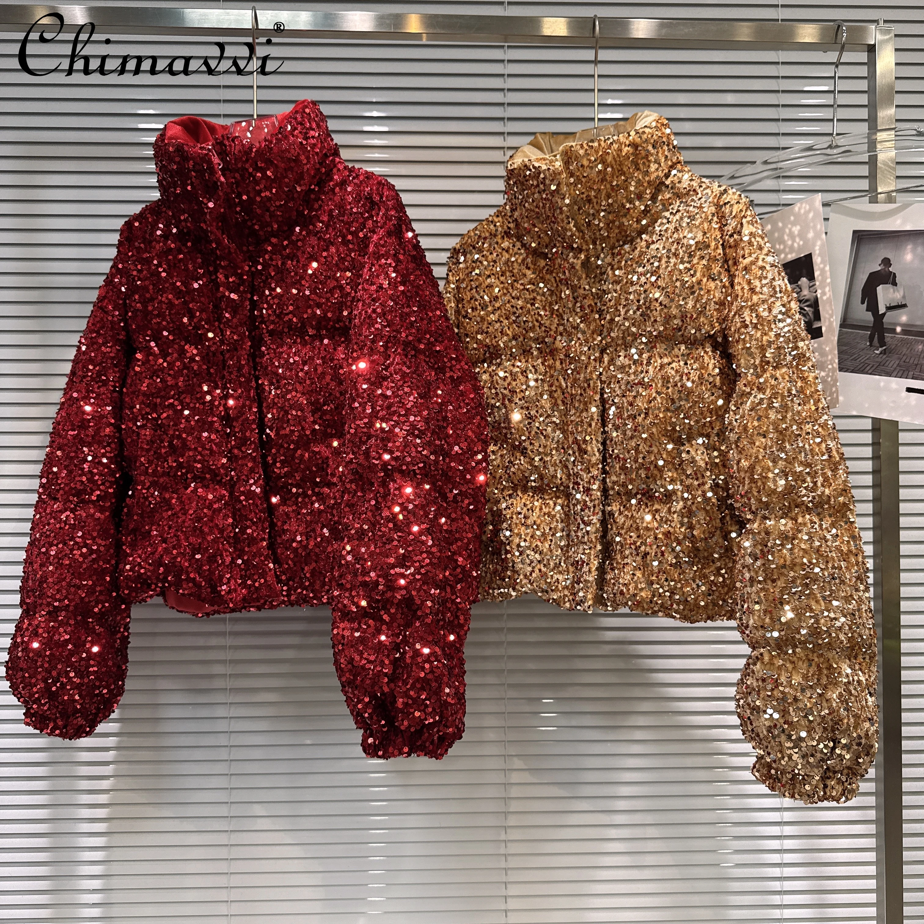 Moda francesa elegante indústria pesada colorido lantejoulas gola engrossado quente para baixo casacos feminino inverno puffer jaquetas curtas