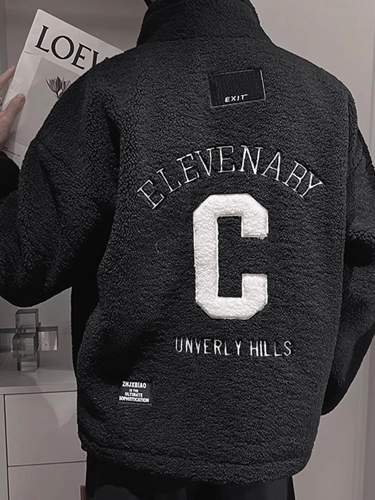 

Thiened Lamb Fur Cotton Jaet Men's Winter Bla Fce Warm Stand Collar Cotton Coat Youth Casual Sle Regular Fit Outer...