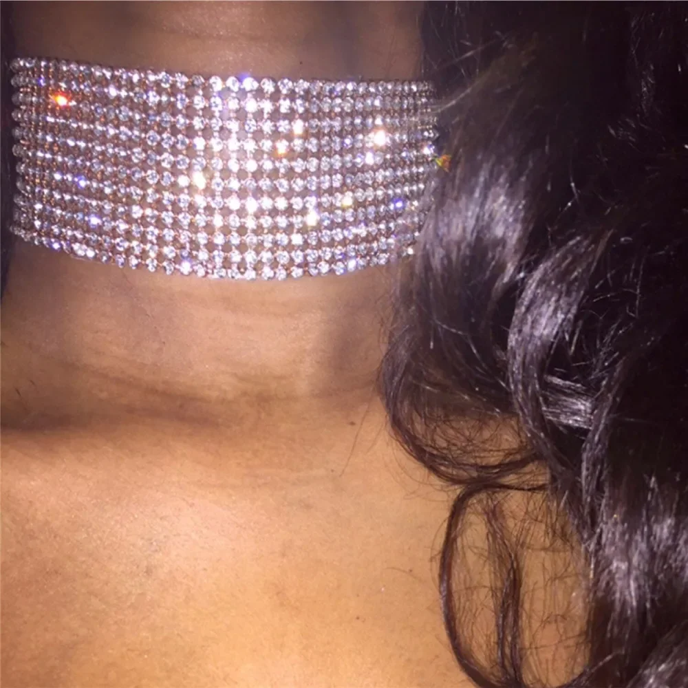 3 sizes Luxury Glitter Rhinestones Choker Wide Collar Chain Necklace Sexy Ladies Bar Night Club Jewelry Accessories For Women