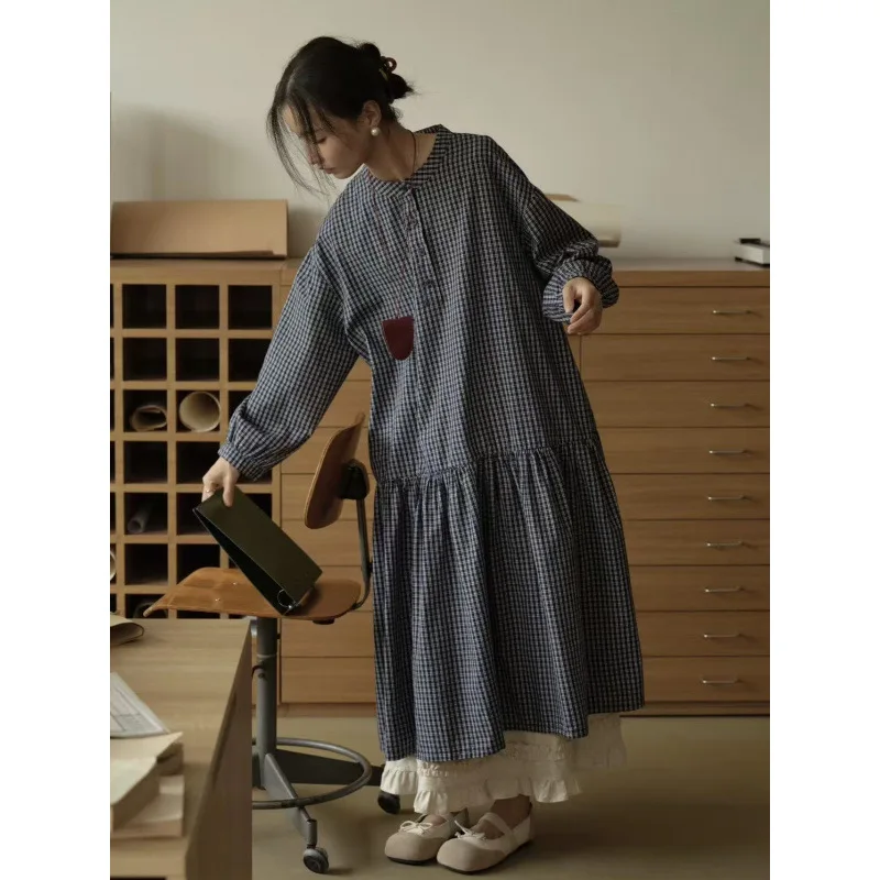 Kariertes A-Linien-Kleid im japanischen Stil, lockeres Damen-Langarmkleid mit künstlerischem Vintage-Design, schlankmachendes Herbst-Damenkleid