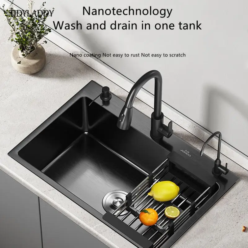 Matte Square Kitchen Sink Nano Stainless Steel Kitchen Accessories High-Quality Large Single Slot Wash Basin Kitchen Faucets