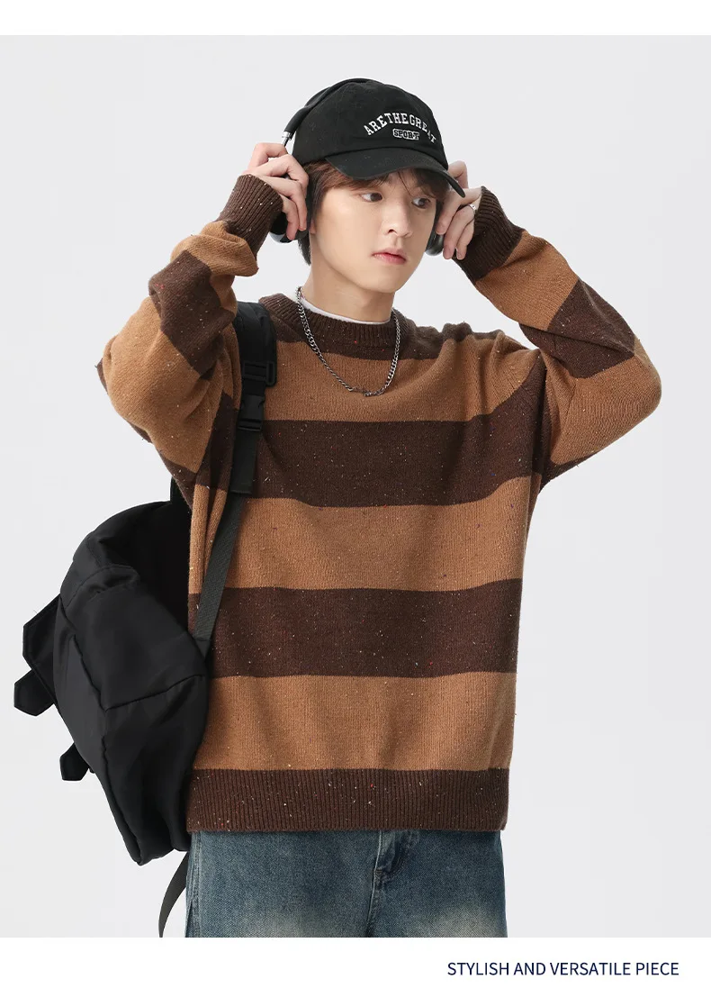 Autumn Winter Design Stripes Splicing Color Collision Round Collar Pullover Sweater Men Loose Warm Knit Sweater