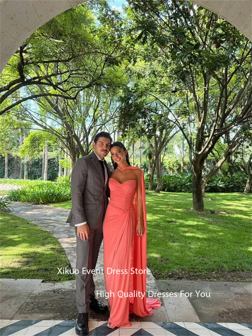 Xikuo Coral Pink Ribbons Evening Dress Floor Length Chiffon 2025 Party Dresses Pleated Sweetheart Vestidos De Fiesta Customized