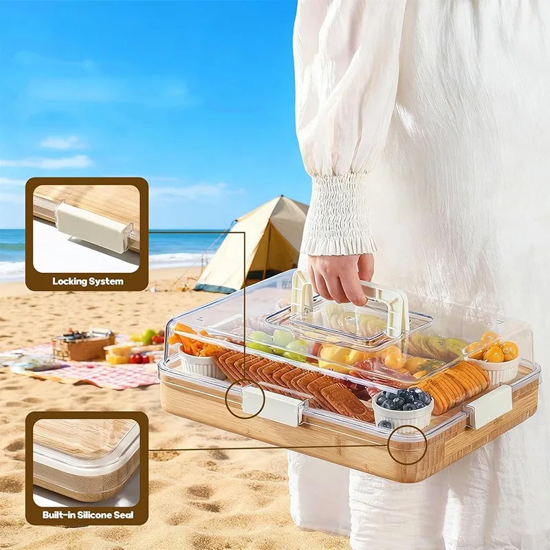 Bamboo Grid Cheese Board with Knife Set, Household Kitchen Cutting & Serving Tray for Fruit, Snack and Food Preparation