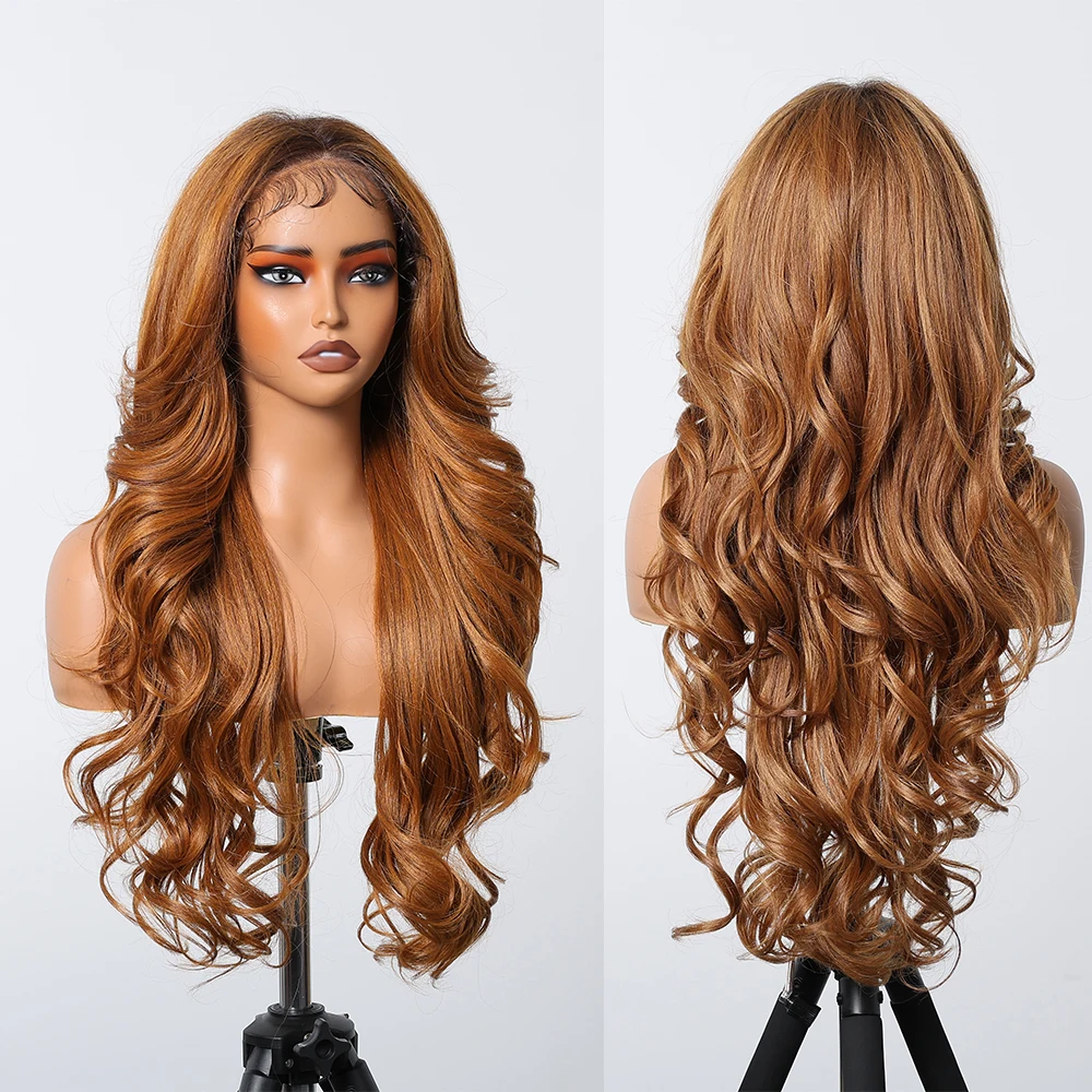 13*6 Swiss Lace Frontal Synthetic Wigs Preplucked Long Golden Brown Body Wave Afro Wigs Dark Root Wigs for Black Women Brazilian