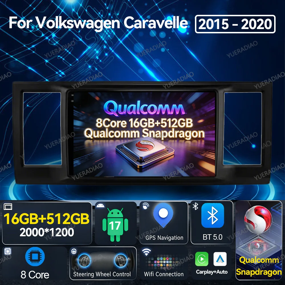 Android 17 Autoradio für VW Volkswagen Caravelle 6 T6 2015 - 2020 Head Unit QLED Qualcomm 4G LTE 5G WIFI BT GPS NAVI 2DIN Video