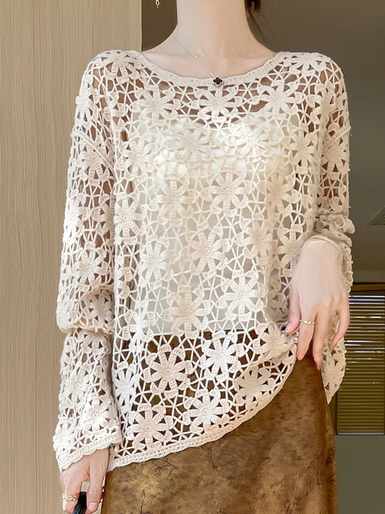 New  Spring Autumn 100% Merino Wool Women's Crocheted Blouse O-Neck Sweaters Hollow Out Pullovers Soft Knitwear Long Sleeve Tops