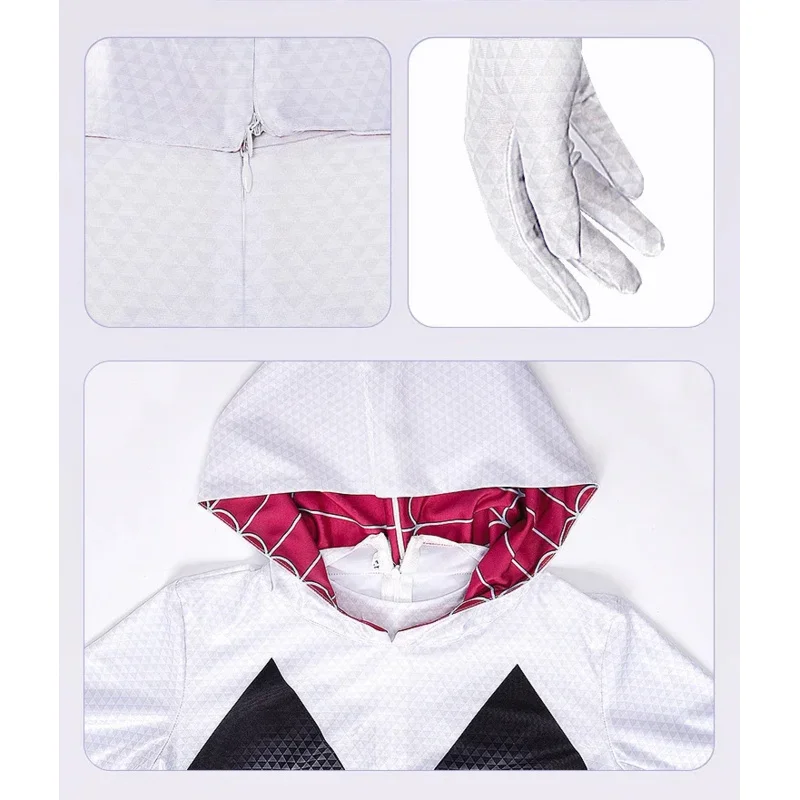 New LYCRA Fabric High Stretch Jumpsuit Gwen Stacy Spider Gwen Cosplay Costumes for Women Tights Halloween Party Detached Mask