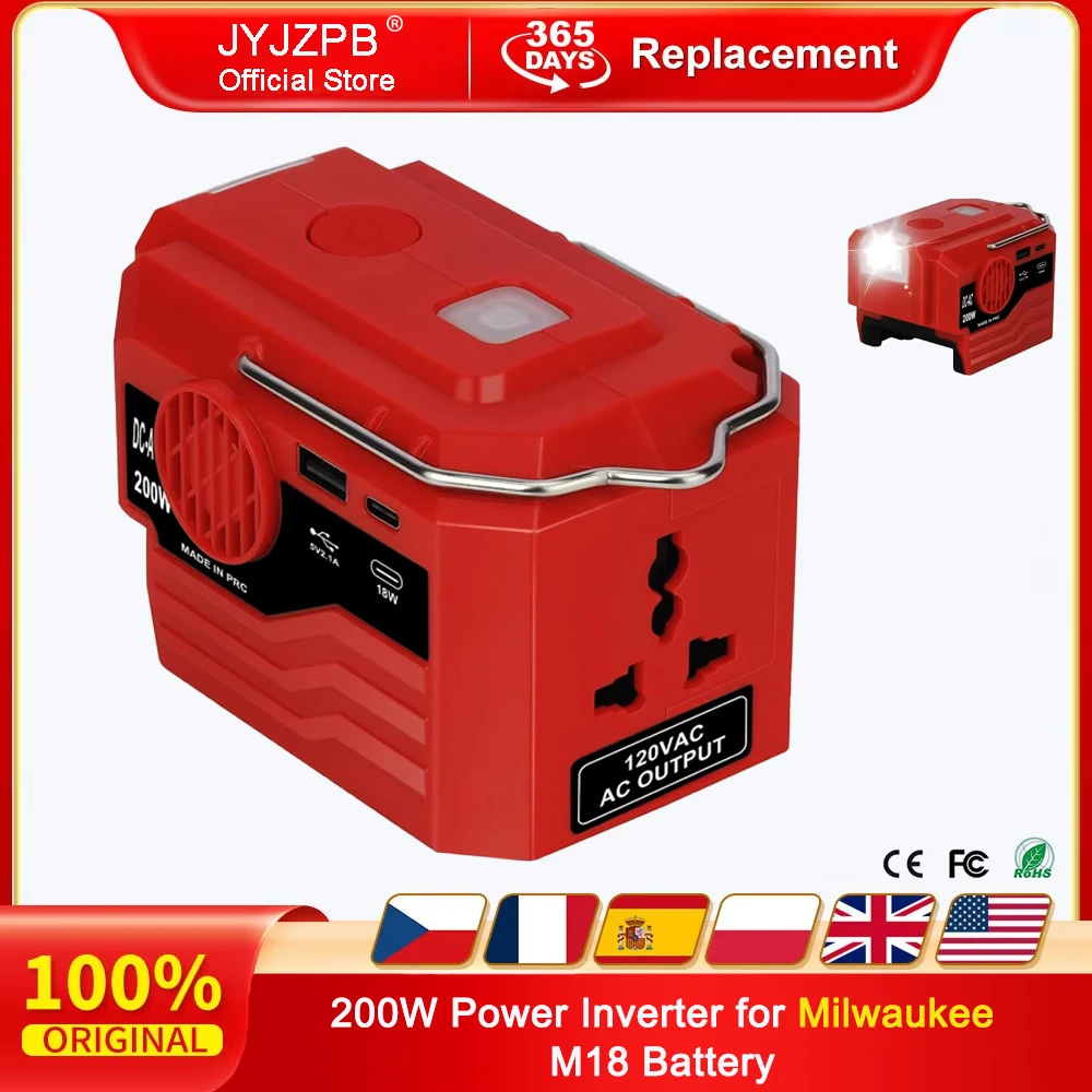 200W Power Inverter for Milwaukee M18 Battery, DC 18V to AC 110-120V Battery Inverter, with AC Outlet & USB and Type-C Ports