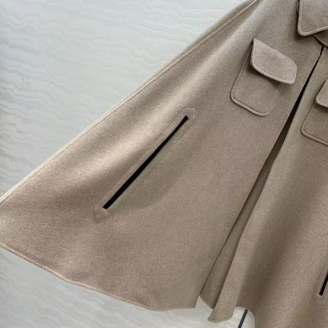 2025 New Winter Cashmere Wool Woolen Overcoat Women Lapel One Button Batwing Sleeve Poncho Sheepskin Spliced Pocket Loose Cloak