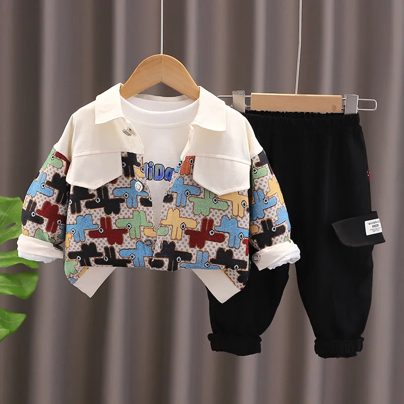 Toddler Boys Outfits 2024 Autumn Baby Boy Clothes 18 To 24 Months Patchwork Cardigan Coats + T-shirts + Pants Childrens Clothing