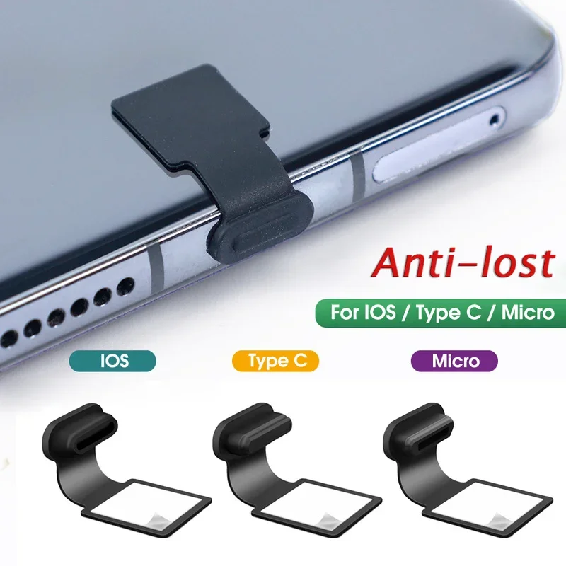 Anti-lost Phone Dust Plug for IPhone Type-C Micro USB Universal Charging Port Silicone Dustproof Plugs for Apple IOS Android