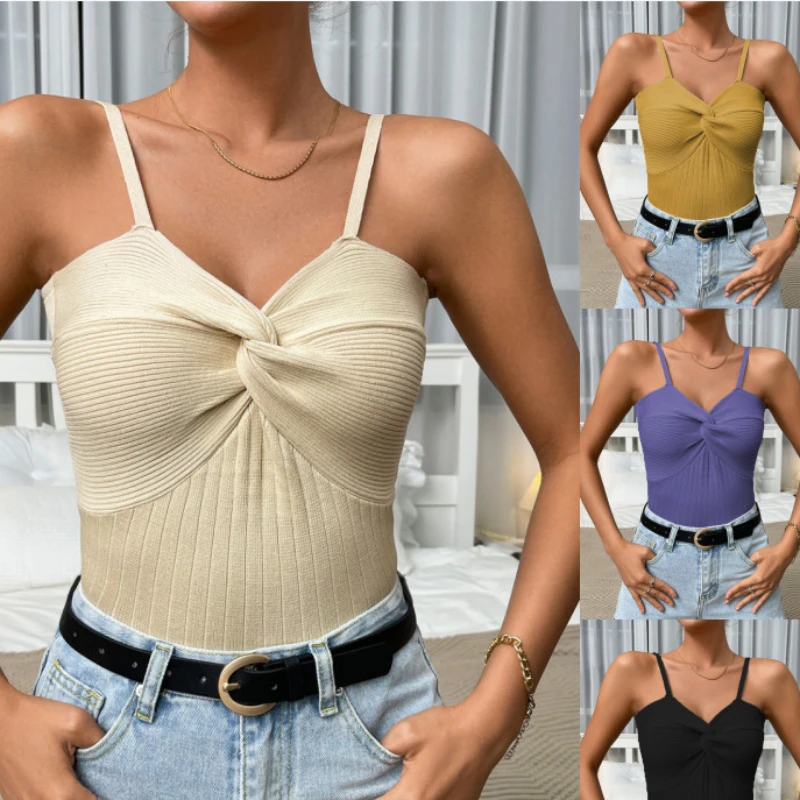 

Causal Thread Knitted Tank Top Twist Wrap Chest Halter Crop Tops Women Backless Sleeveless Cropped Vest Camisole Female