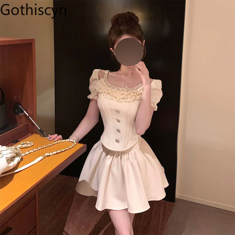 

Gothiscyn Luxury High-end Lace Slim Fit Bubble Sleeve Top Fluffy Mini Skirt Set White Sweet Girl Two Piece Set Women Outfits
