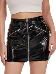 S-4XL Shiny Faux PU Leather Pencil Skirt Wet Look PVC Micro Mini Skrits Zipper High Waist Faldas Tights Package Hip Minifalda