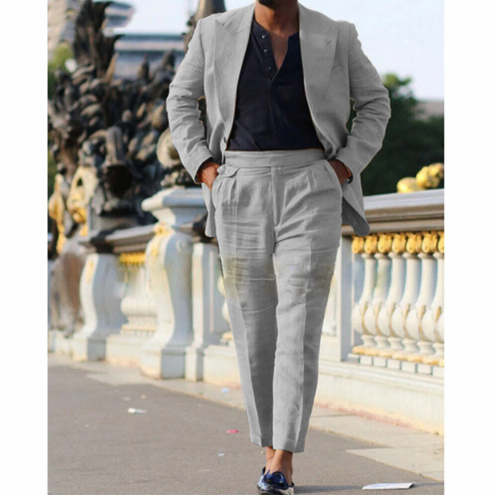 Linen Men Suits Causal Double-Breasted Suit Peak Lapel 2 Pieces (Blazer+ Pants) 2023 Groom Tuxedos For Wedding