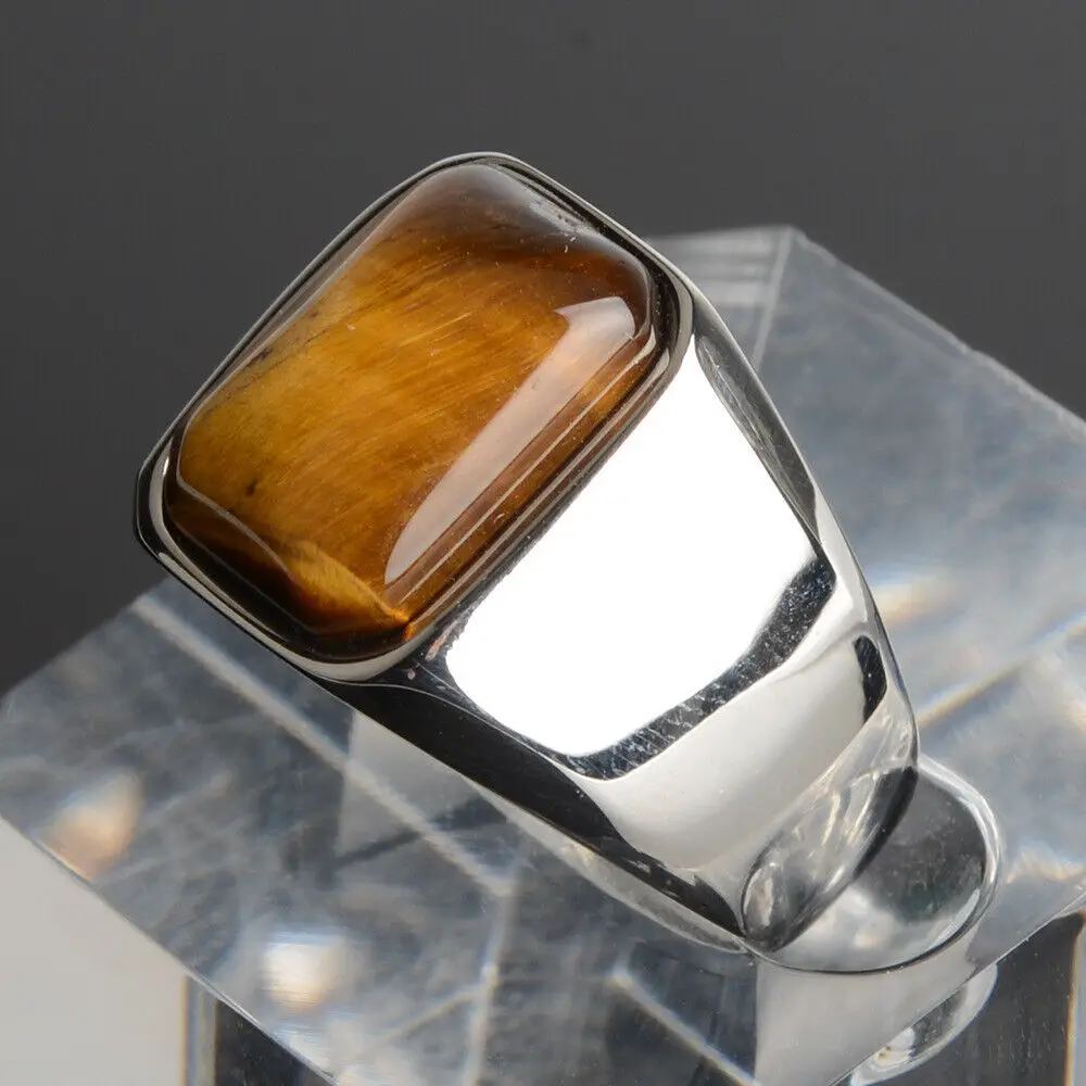 Achezon Classic Square Natural Tiger Eye Rings for Men Male Simple Vintage Stainless Steel Wedding Bands Jewelry Accessories