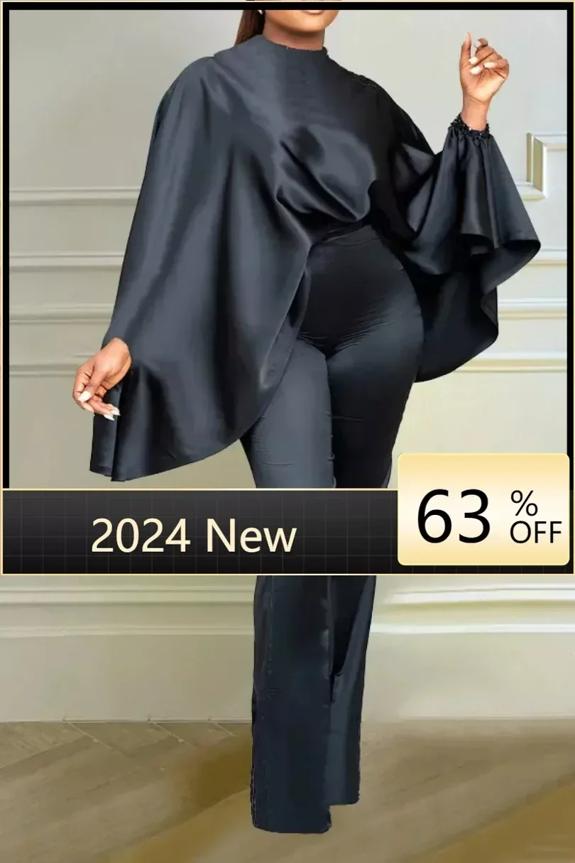 Spring Autumn Fashion Solid Color Satin Bat Sleeves Loose Top Straight Tube Pants Casual Commuting OL 2 Piece Sets Women Outfit