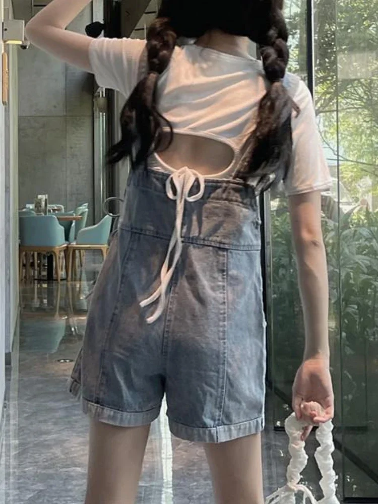 

Denim Rompers Women Lace Sexy Irregular Aesthetic Summer Kawaii Girl Streetwear Playsuit Baggy Vintage Basics Wide Leg Bandage