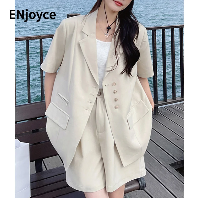 

2023 Summer Women 2 Piece Sets Korean Style Short Sleeve Blazer Jackets Suits Tops and Casual Shorts Office Lady Elegant Outfits