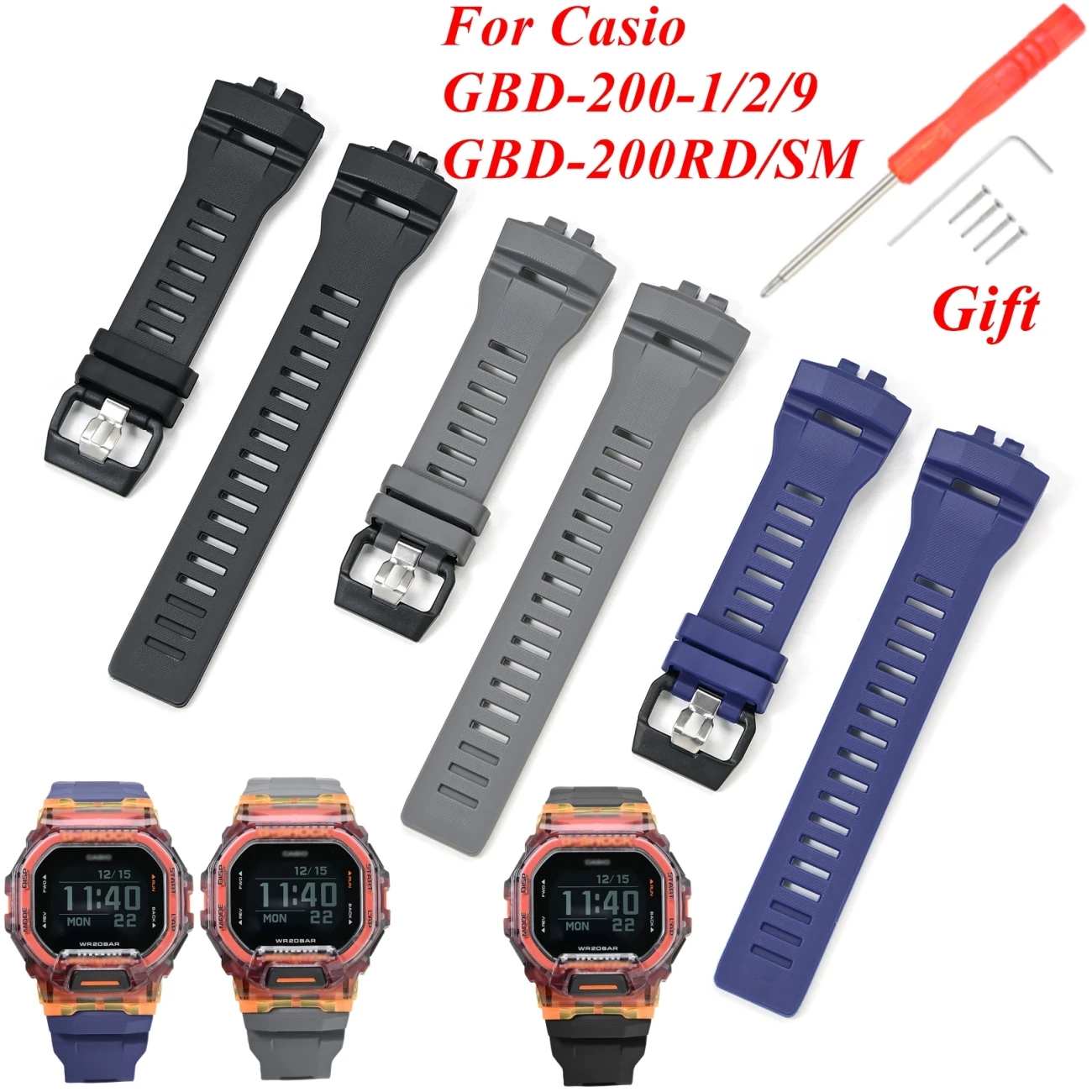 For Casio G-SQUAD GBD-200-1/2/9 GBD-200RD/SM Wacth Strap Grey Blue