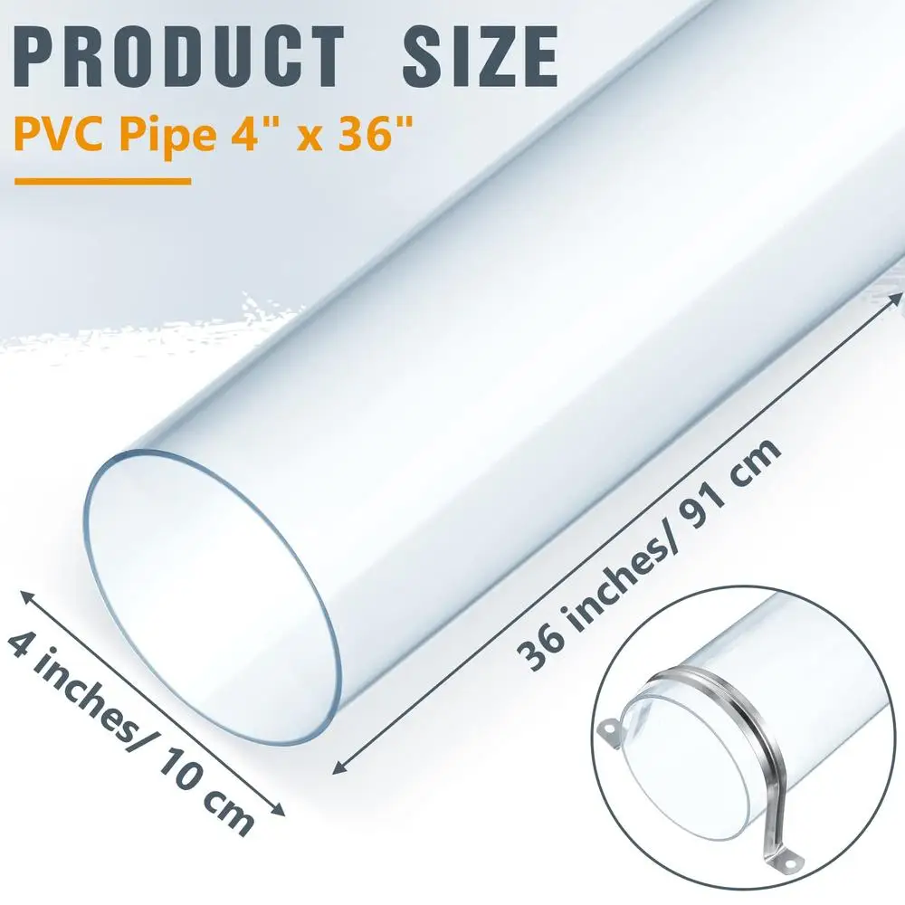 Tubo de PVC transparente duradero, tubo rígido resistente de 4 pulgadas x 36 pulgadas con abrazaderas de correa de tubo, accesorios de recolección de polvo irrompibles