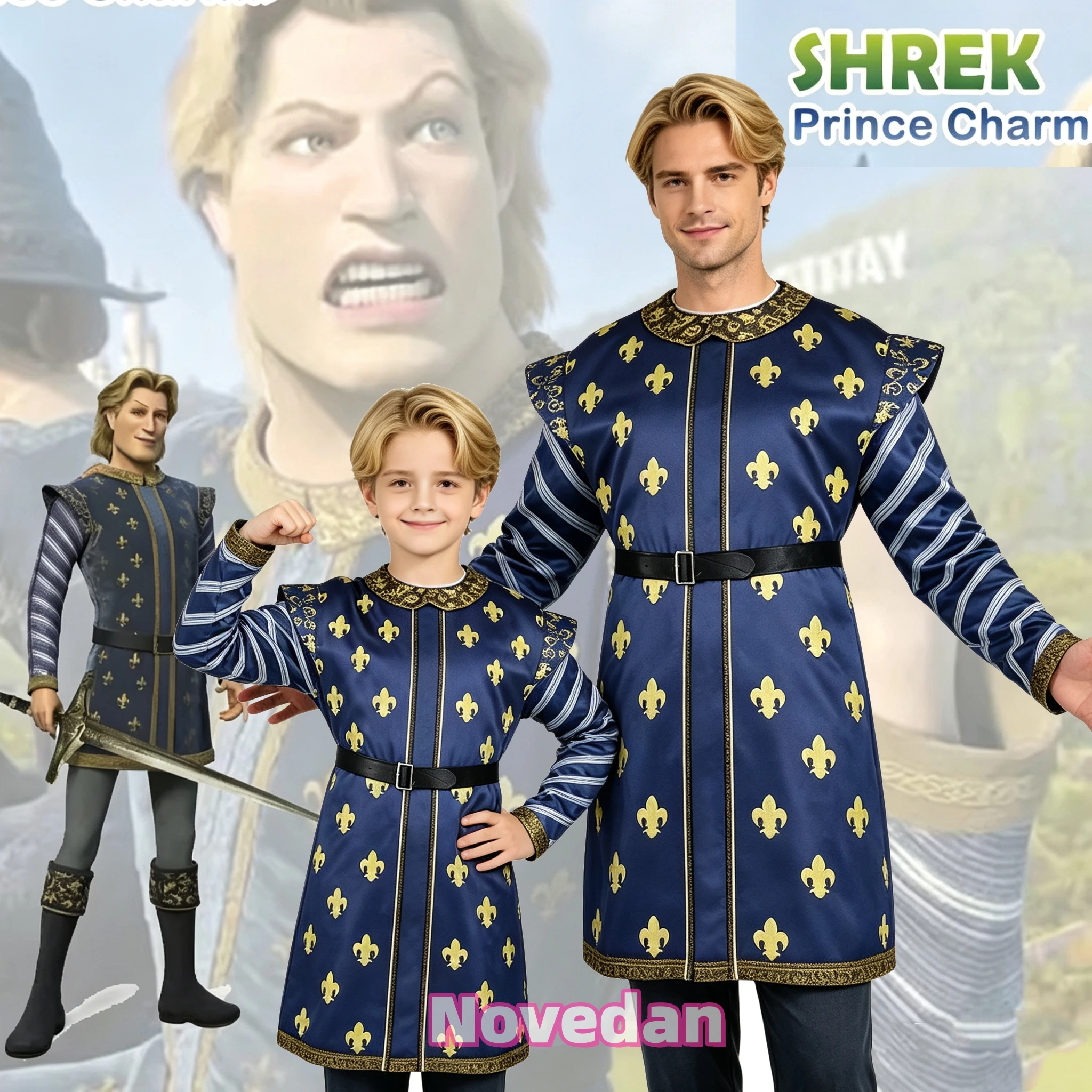 Shrek Prince Charming Cosplay-Kostüm, blaues mittelalterliches Prinzen-Outfit für Erwachsene und Kinder, Halloween-Kostüm für Männer und Jungen
