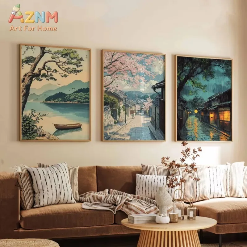 3PCS Vintage Japanese Landscape Canvas Wall Art Ukiyo-e Cherry Blossom Mountain Town Wall Prints Living Room Decor Poster Gift