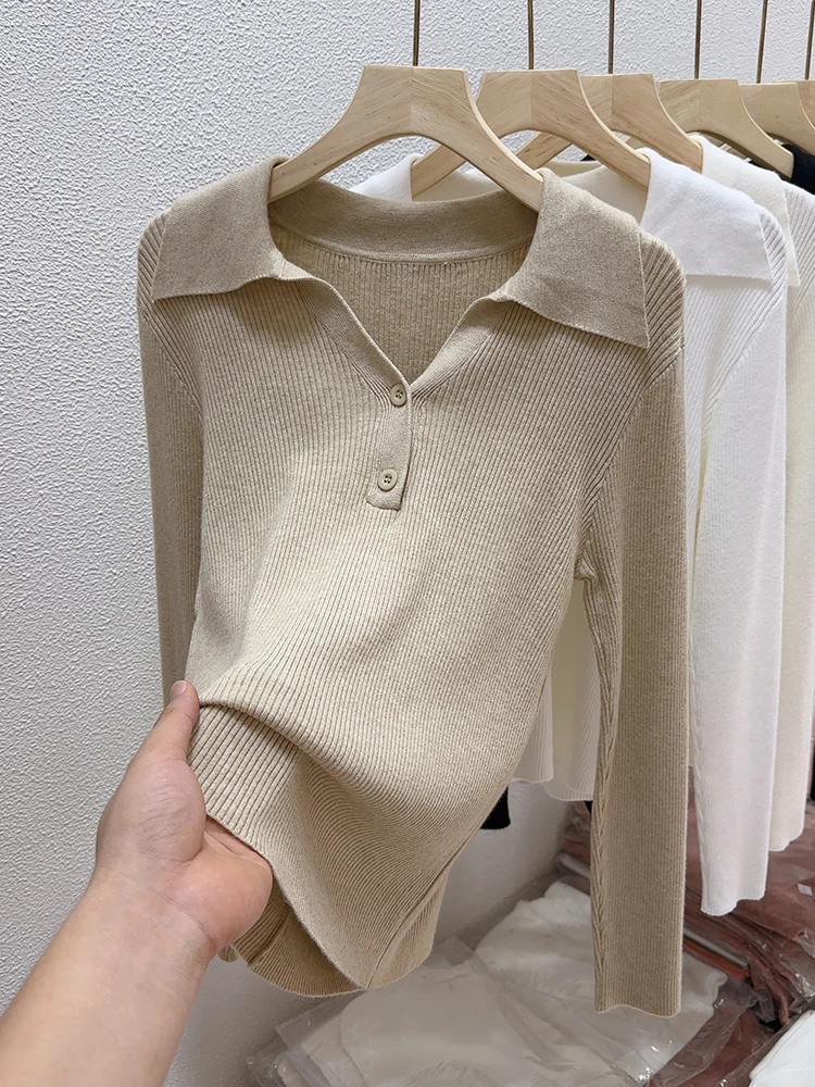 Female Sweater Autumn Winter Half-open V-lapel Pullover Korean Version of Long-sleeved Wearing Loose Sweater Slim Button Tops